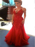 Mermaid Halter Beadings Tulle Red Prom Dresses with Sweep Train LBQ2322